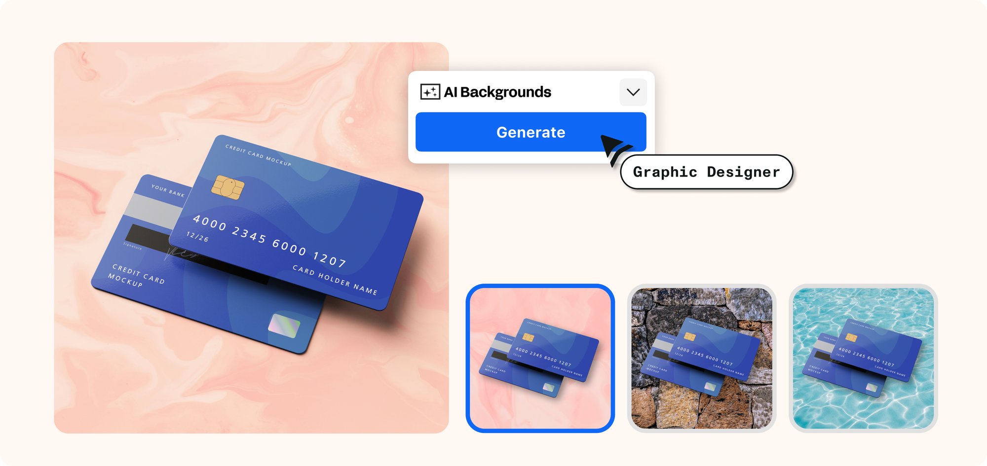Credit cards on various backgrounds generated by the AI Backgrounds feature in Linearity Curve