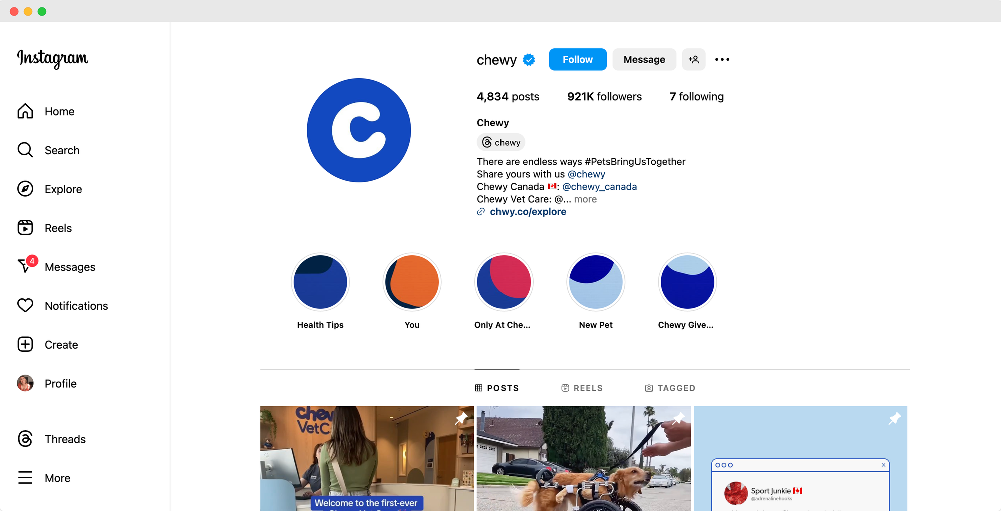 Chewy's Instagram profile