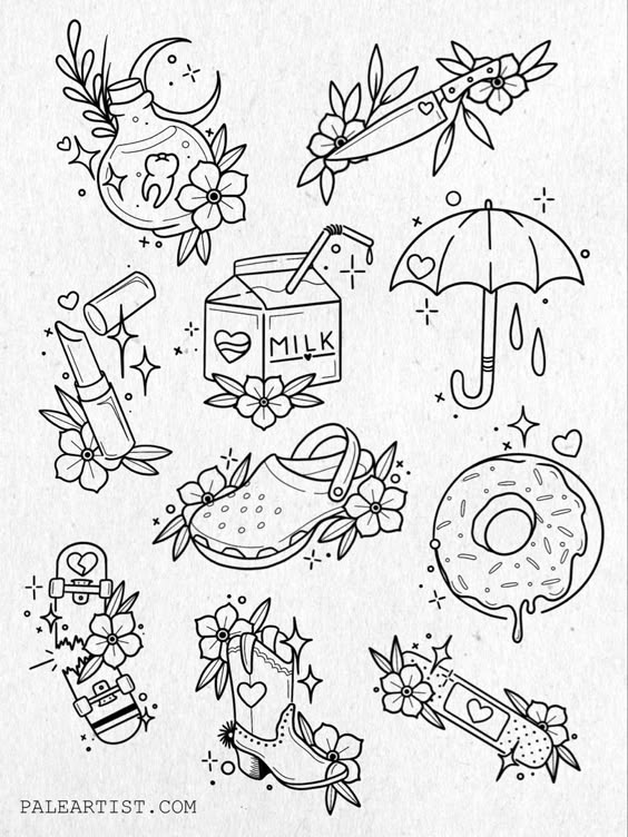 Collection of whimsical tattoo flash designs including a milk carton, donut, umbrella, lipstick, and pocket knife, surrounded by floral accents and sparkles.