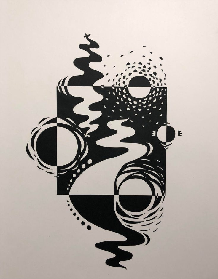 Abstract black-and-white geometric design featuring flowing organic shapes, circular patterns, and gradients of dots.