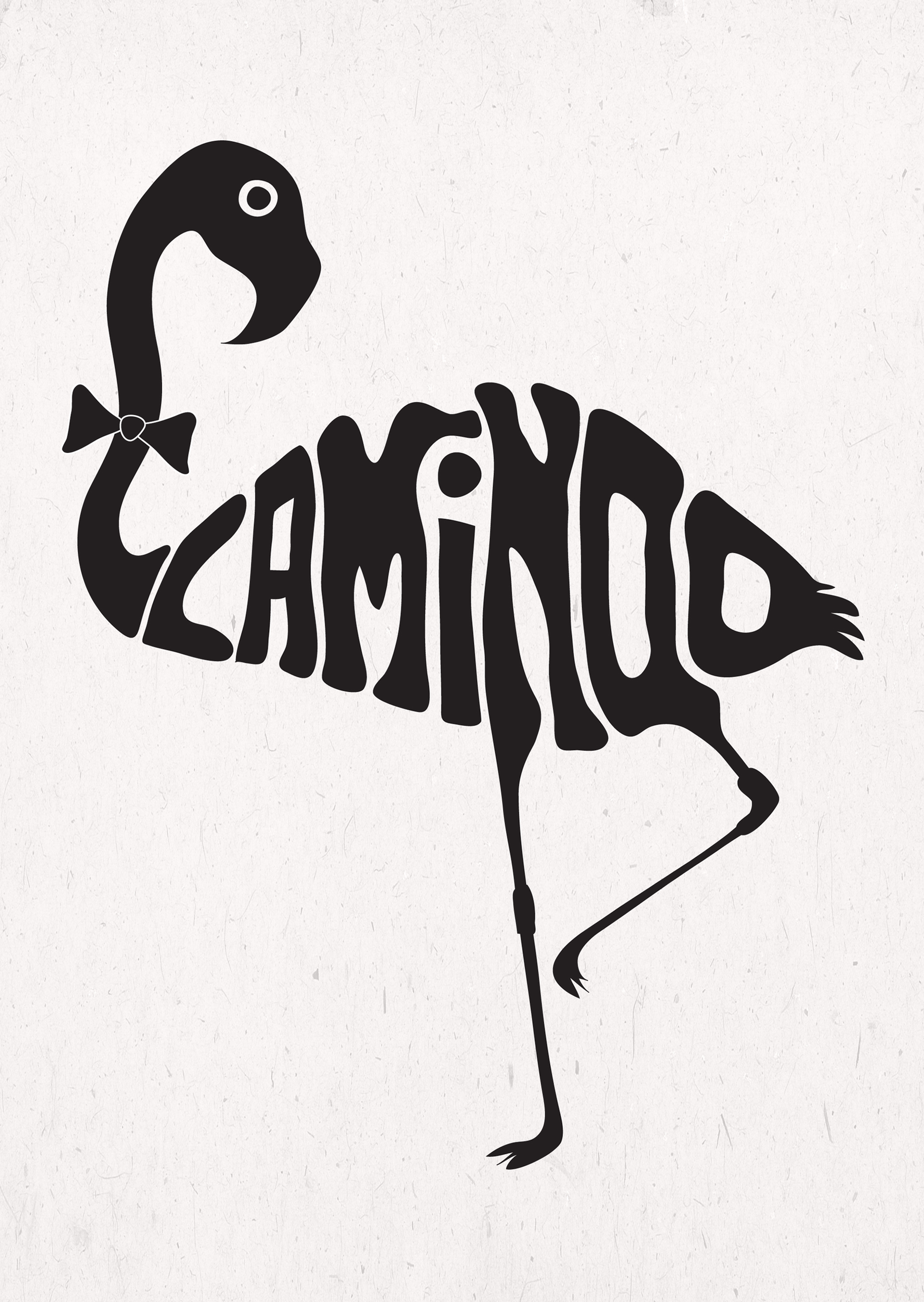 Stylized black flamingo illustration with the word 'FLAMINGO' integrated into its body, wearing a bow tie. Art by Gen Grace Yip. 