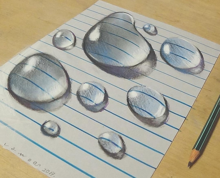 Hyperrealistic drawing of water droplets on lined paper with a pencil nearby, creating a 3D illusion through reflections and shadows.