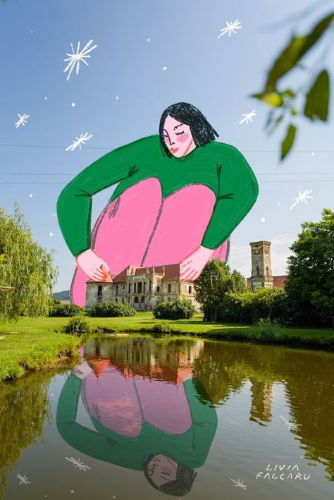 Surreal collage of a giant illustrated figure crouching over a reflective pond in a scenic landscape with a historic building and trees.