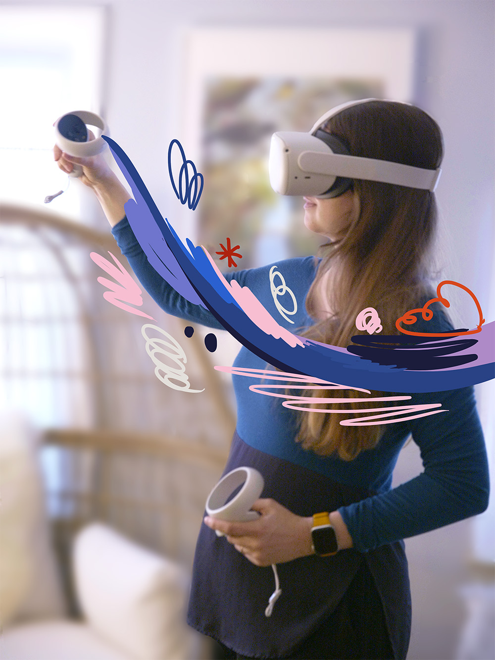 Woman wearing a virtual reality headset, holding VR controllers with colorful abstract digital strokes overlaying the image.