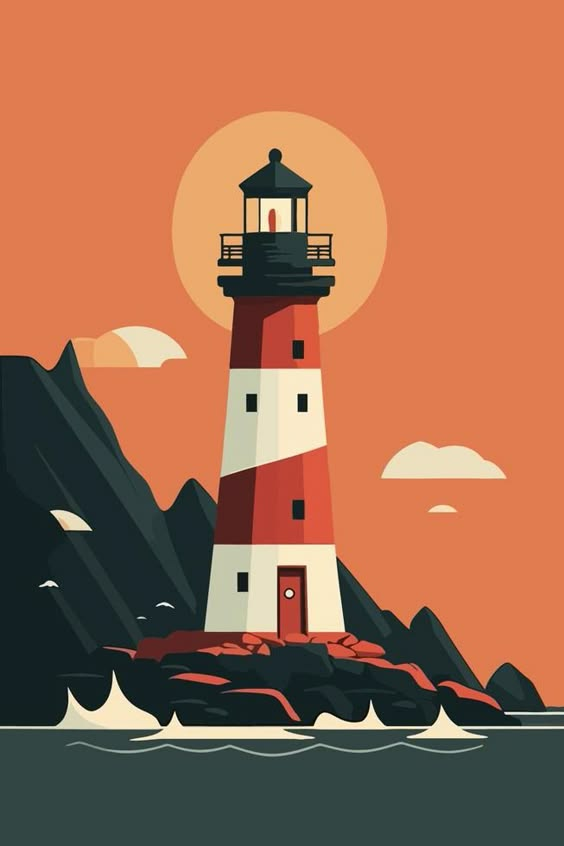 Minimalist illustration of a red and white striped lighthouse on a rocky shore with an orange sky, sun, mountains, and waves.