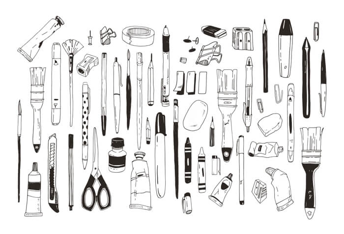 Black and white collection of hand-drawn drawing tools including pencils, brushes, pens, erasers, sharpeners, scissors, and paint tubes.