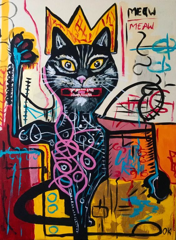 Scribble art of a cat wearing a crown, featuring bold colors, exaggerated features, and graffiti-like elements in a chaotic, vibrant style.