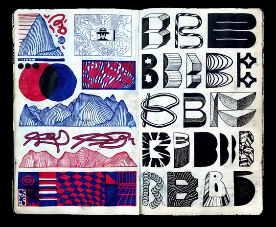 Open sketchbook with abstract doodles, geometric shapes, and stylized letter 'B' designs in red, blue, and black ink.