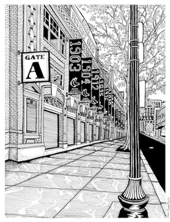 Black-and-white architectural drawing of Fenway Park's exterior with championship banners, 'Gate A' signage, and a tree-lined sidewalk.