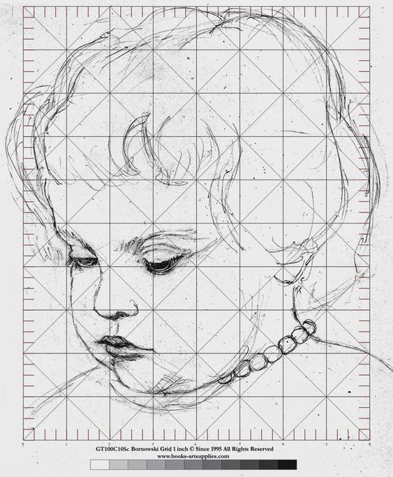 Pencil sketch of a young child's face with a proportional grid overlay, showing detailed features and a beaded necklace.