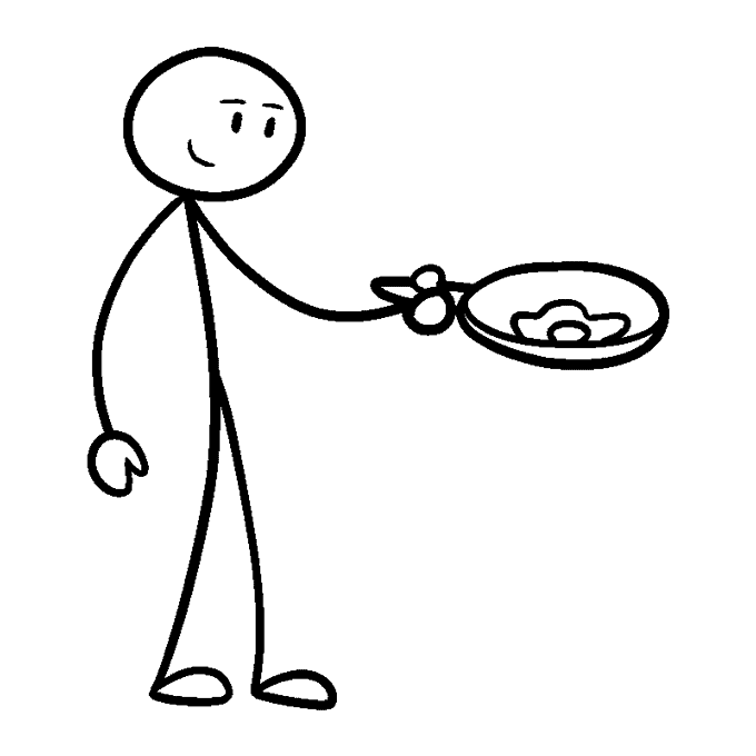 Stick figure holding a frying pan with a fried egg, smiling with a relaxed posture.