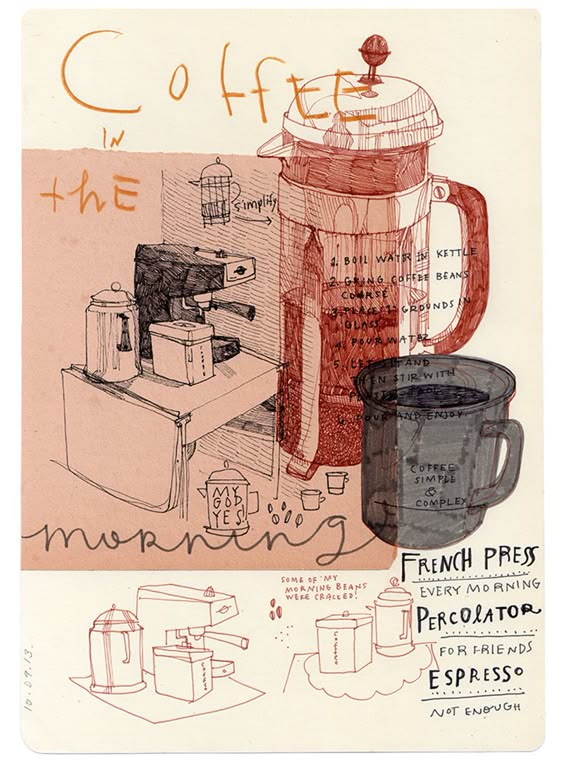 Hand-drawn sketch of coffee-making tools including a French press, espresso machine, and mug with handwritten brewing notes.