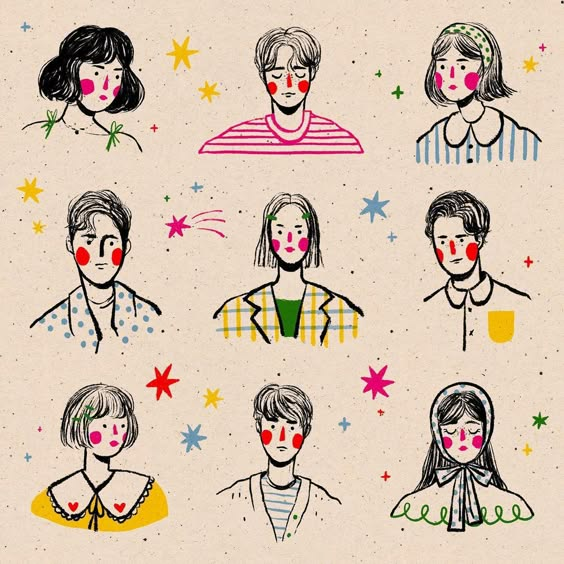 Grid of nine hand-drawn portraits with colorful stars and abstract shapes, featuring red-cheeked characters with different hairstyles and clothing.