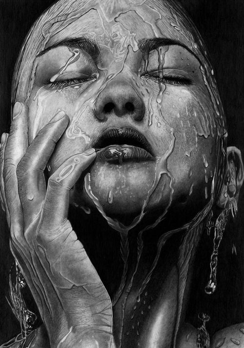 Realistic black-and-white drawing of a person with closed eyes, water flowing down their face and hand, creating a reflective, dramatic effect.