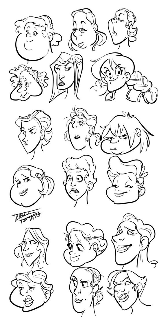 Collection of cartoon-style character sketches displaying a variety of facial expressions and exaggerated features.