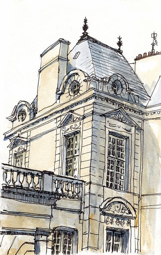 Architectural sketch of a classical building with ornate windows, decorative accents, and a chimney, drawn with ink and light watercolor.