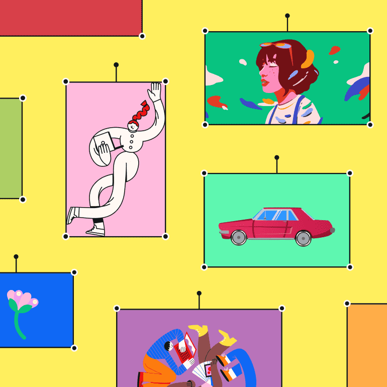 Multiple colorful illustrated frames featuring a woman, car, abstract figures, and other images on a yellow background.