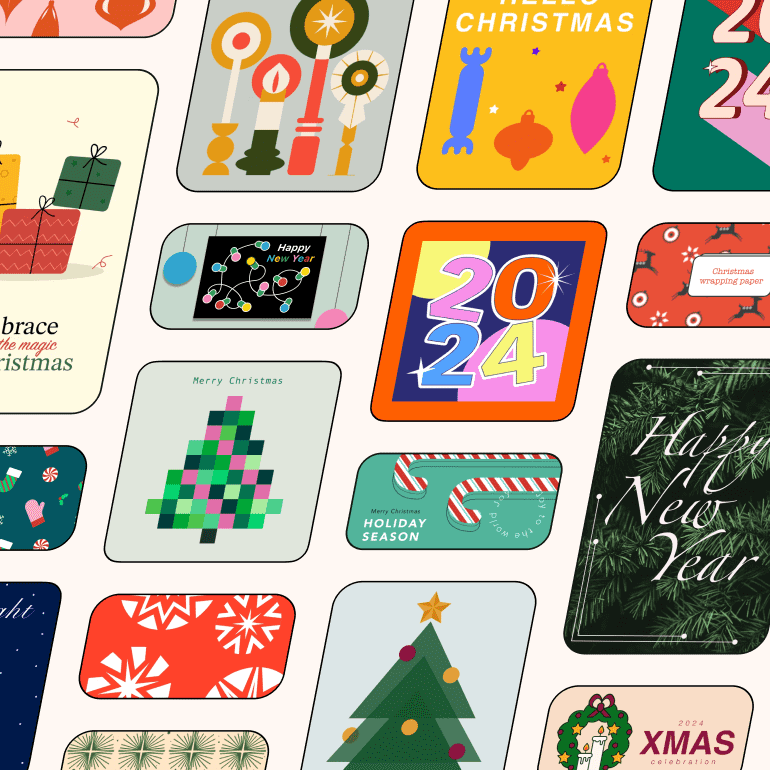 A collection of holiday card templates featuring Christmas and New Year designs, including festive graphics, trees, ornaments, and greetings.