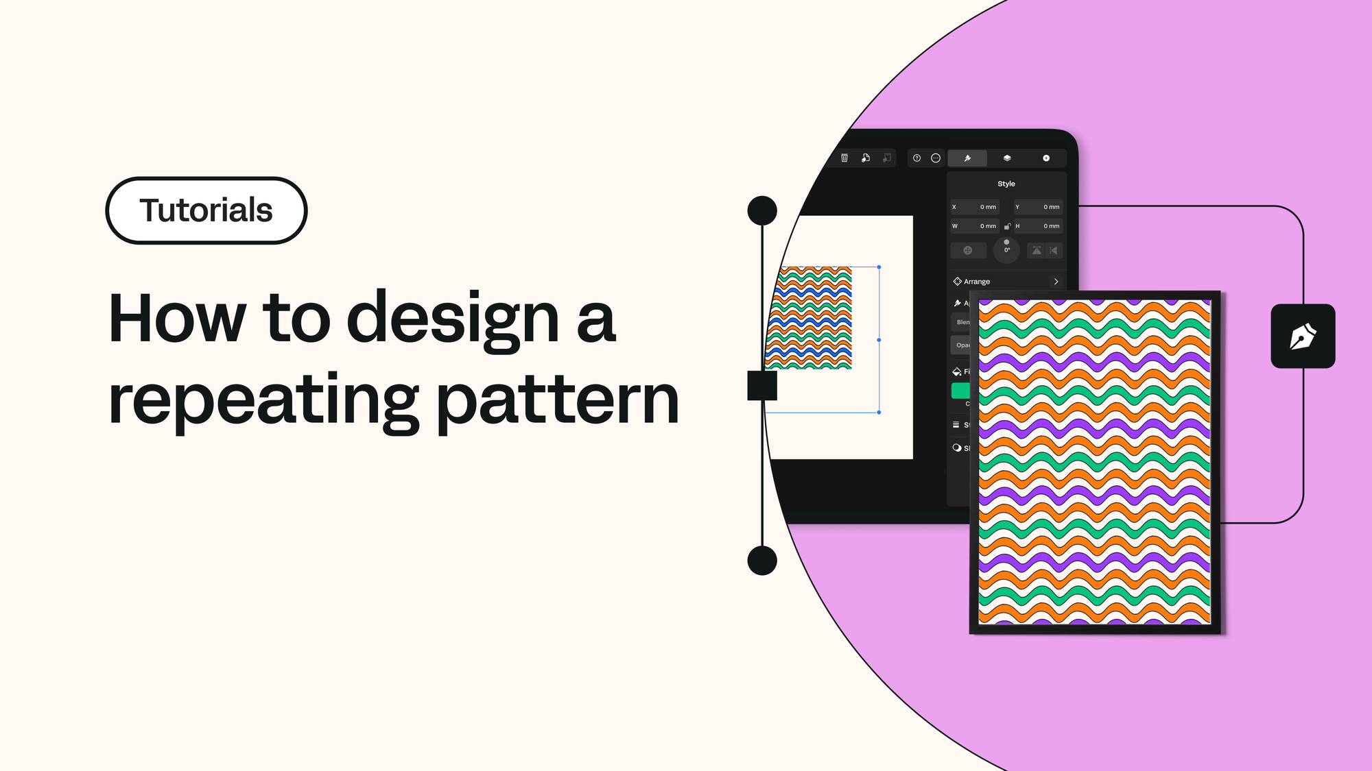 Tutorial cover image titled 'How to design a repeating pattern,' featuring a colorful wave pattern on a tablet screen over a pink background.