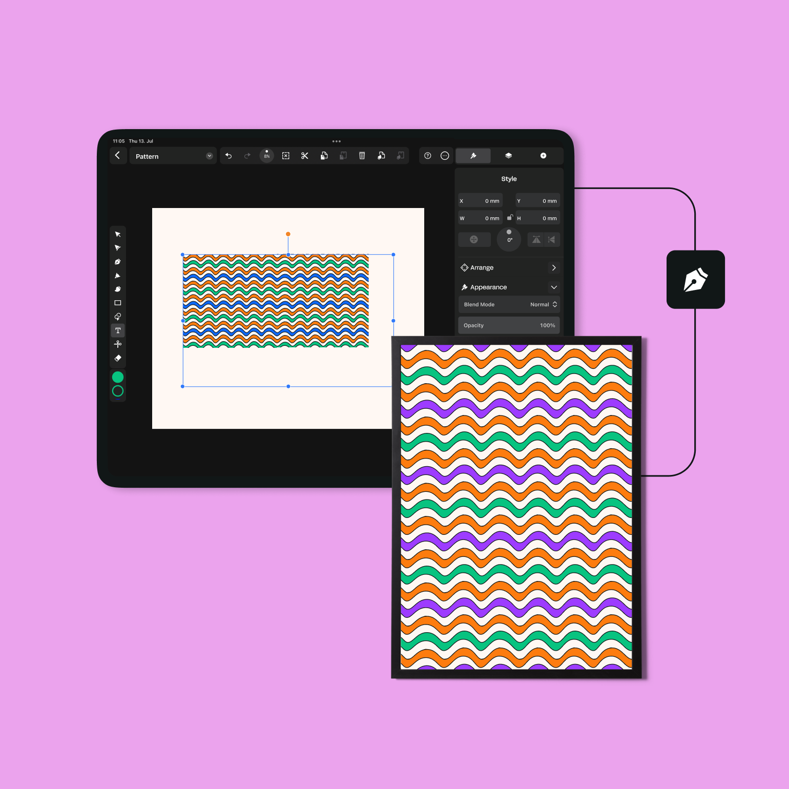 Tablet screen displaying a colorful repeating wave pattern with design tools and style options, connected to a larger view on pink background.
