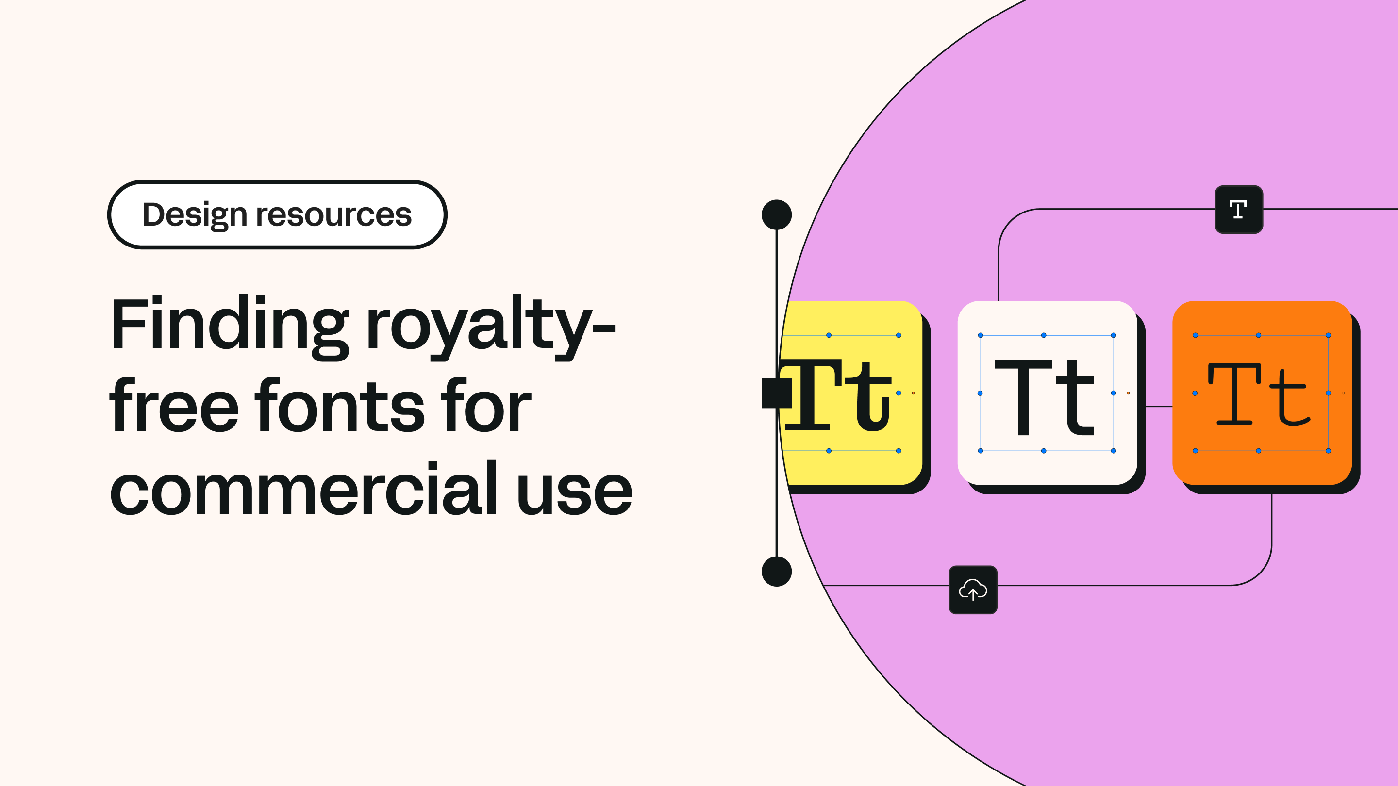 Illustration of yellow, white, and orange blocks with 'Tt' text on a pink background, representing royalty-free font options.