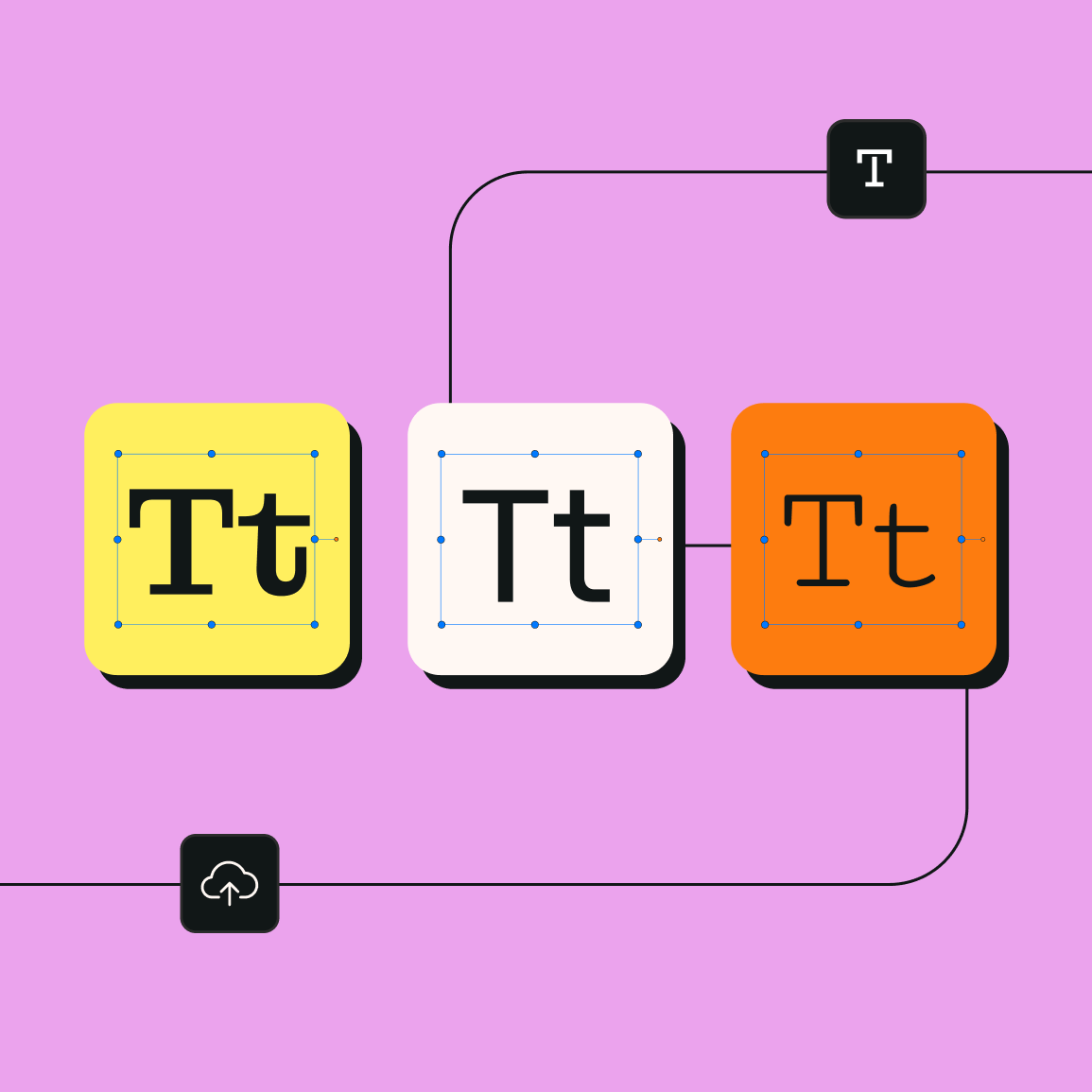 Typography blocks with 'Tt' text in yellow, white, and orange, connected with design icons on a pink background.