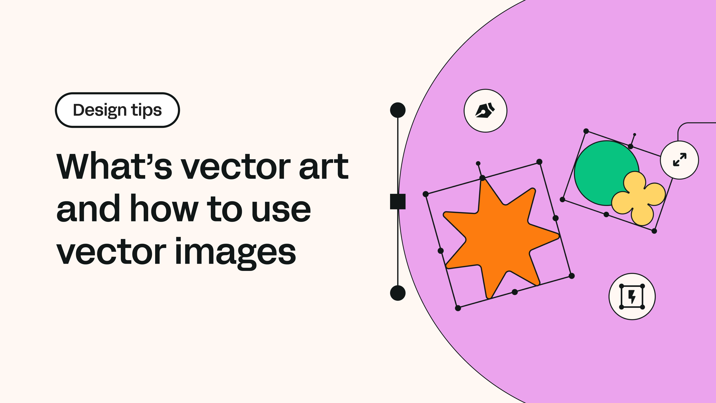 An orange star and green circle with a yellow flower in editable vector frames, set on a pink background with design tool icons