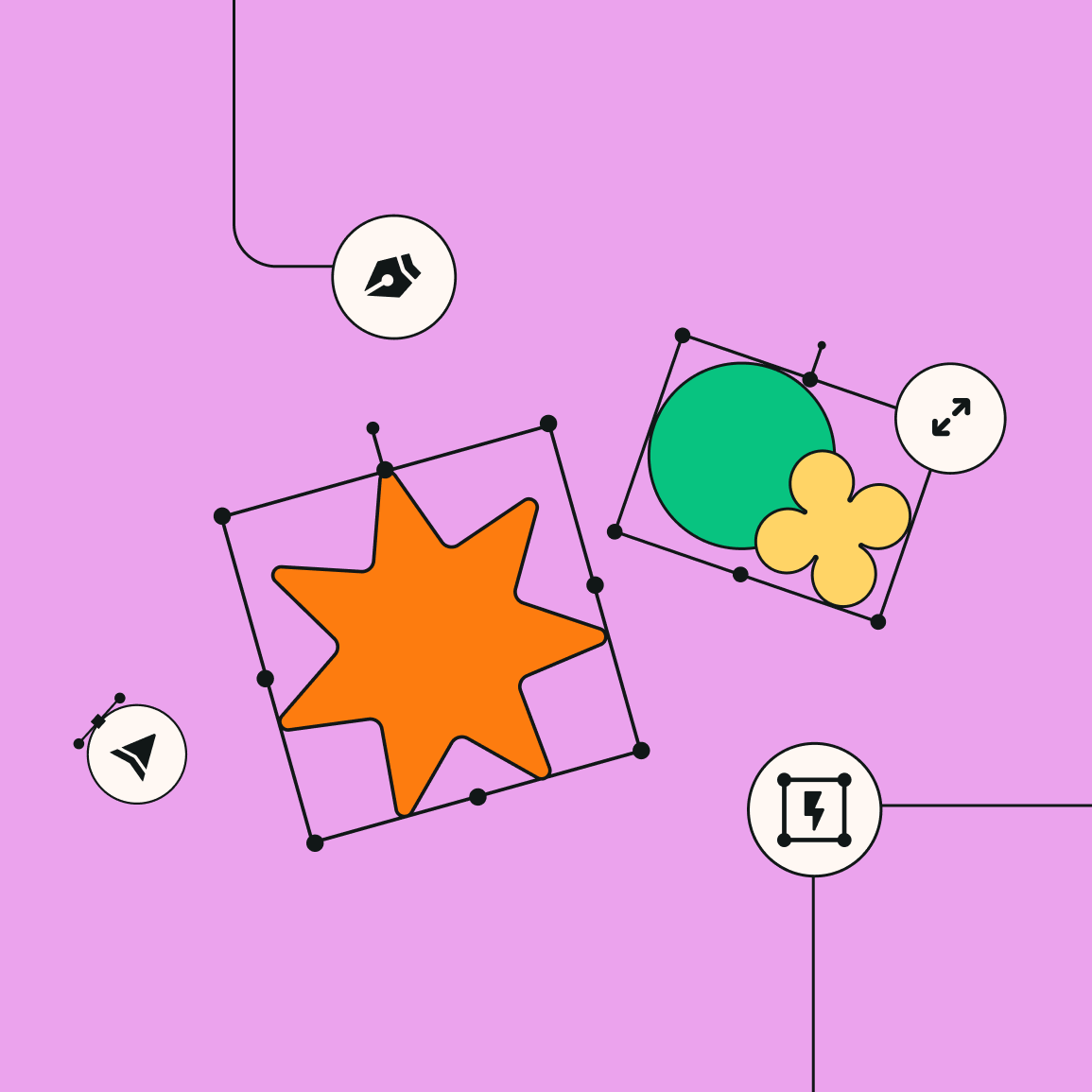 Pink background featuring an orange star, green circle, and yellow flower in vector frames with icons representing design tools.