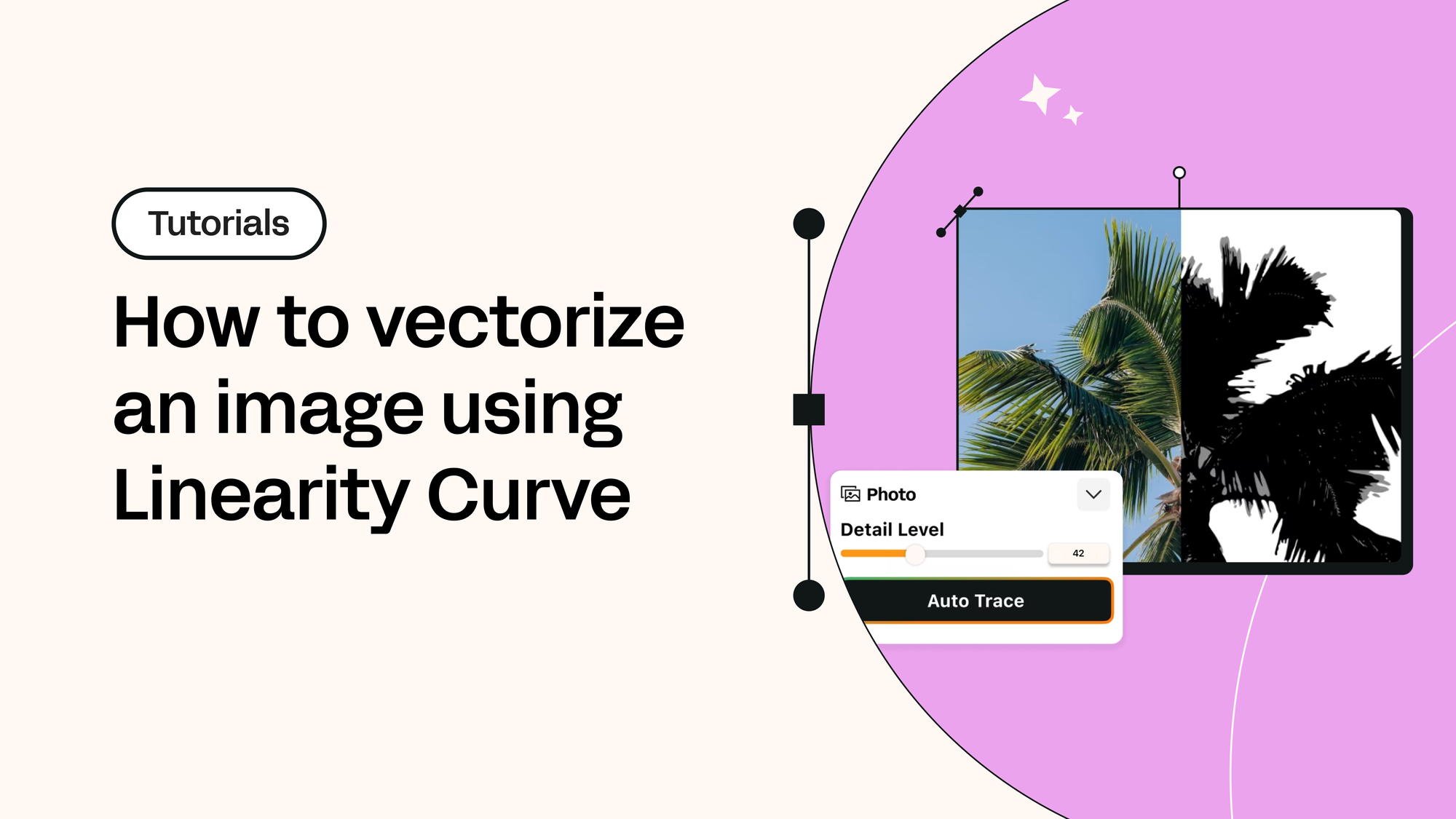 Tutorial showing how to vectorize a palm tree image with Linearity Curve using auto-trace and detail level adjustment on a pink background.