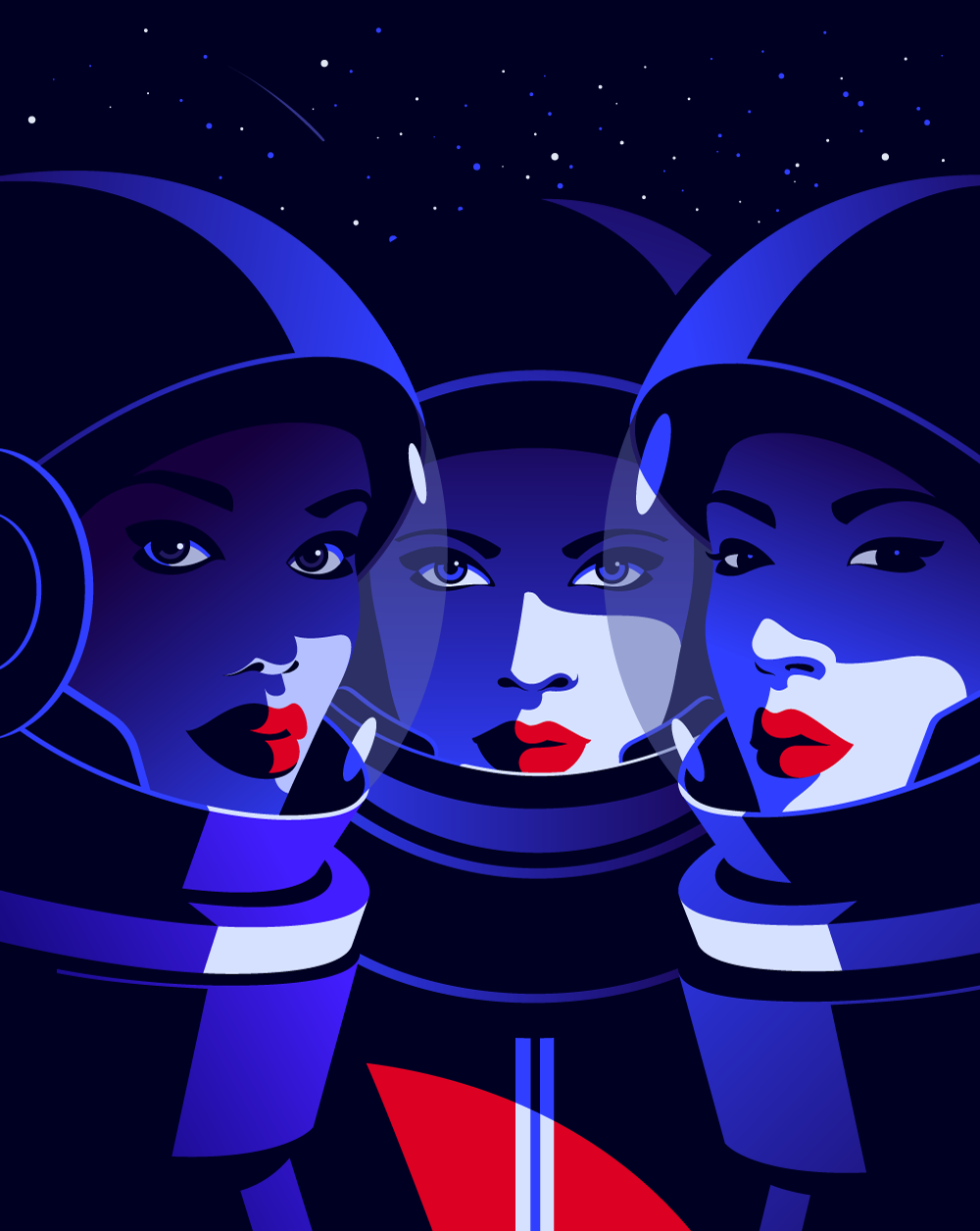 Stylized illustration of three astronauts in space helmets, with bold red and blue colors, set against a starry night sky background.