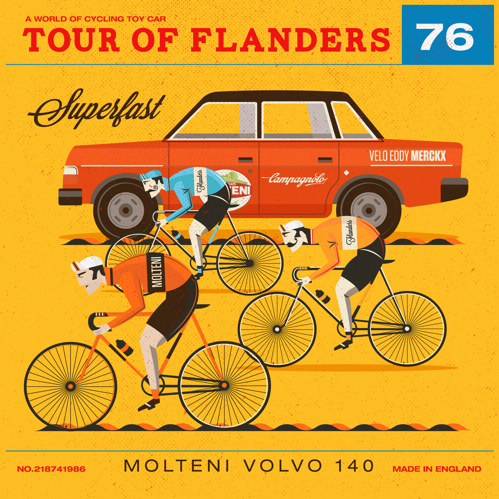 intage-style illustration of cyclists in the Tour of Flanders, with a Molteni Volvo support car, bold colors, and retro typography on a yellow background.