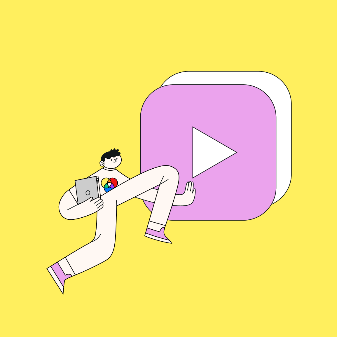 Minimalist illustration of a person interacting with a pink play button icon on a yellow background, symbolizing animation.