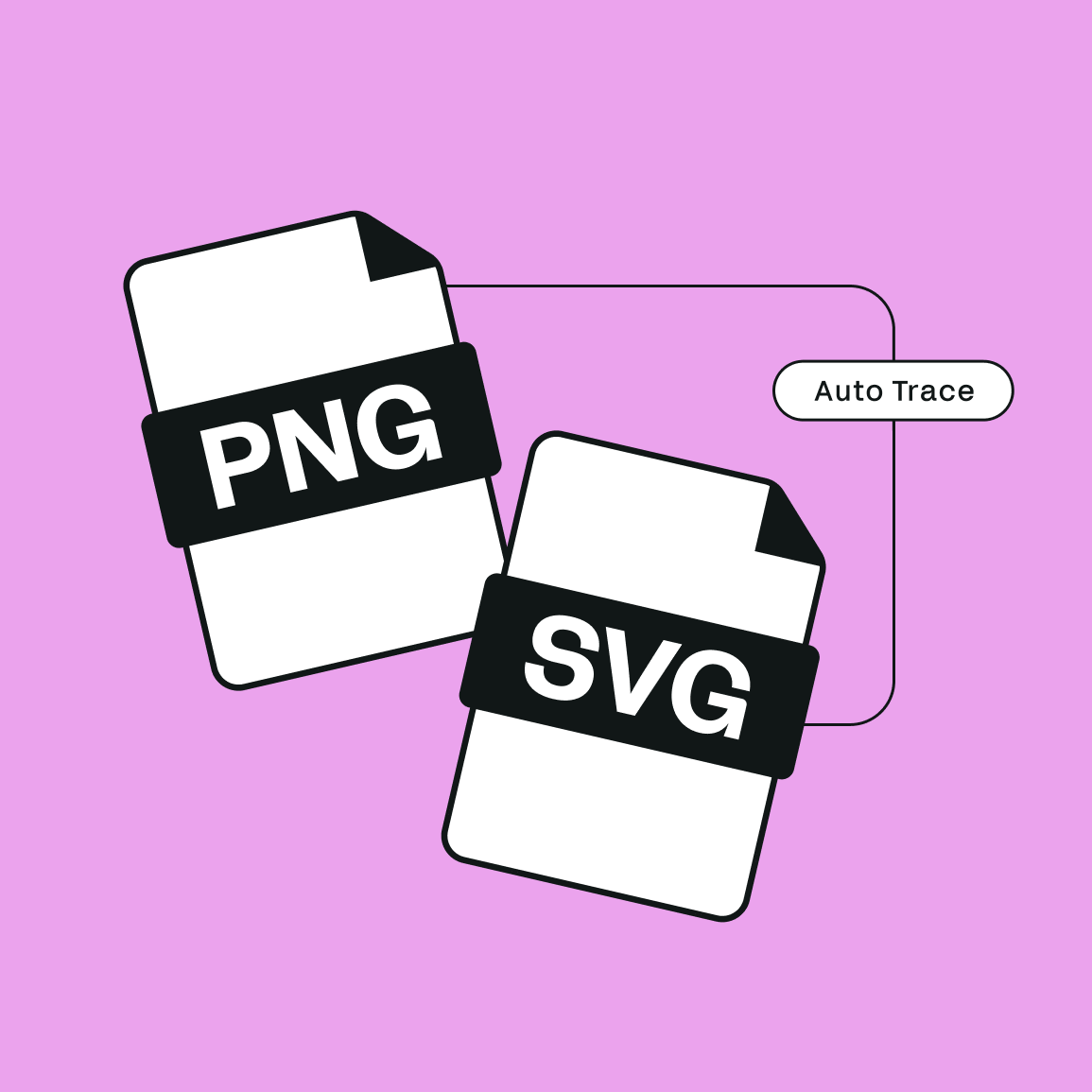 Graphic of PNG and SVG file icons linked by Auto Trace text on a pink background, representing file conversion.