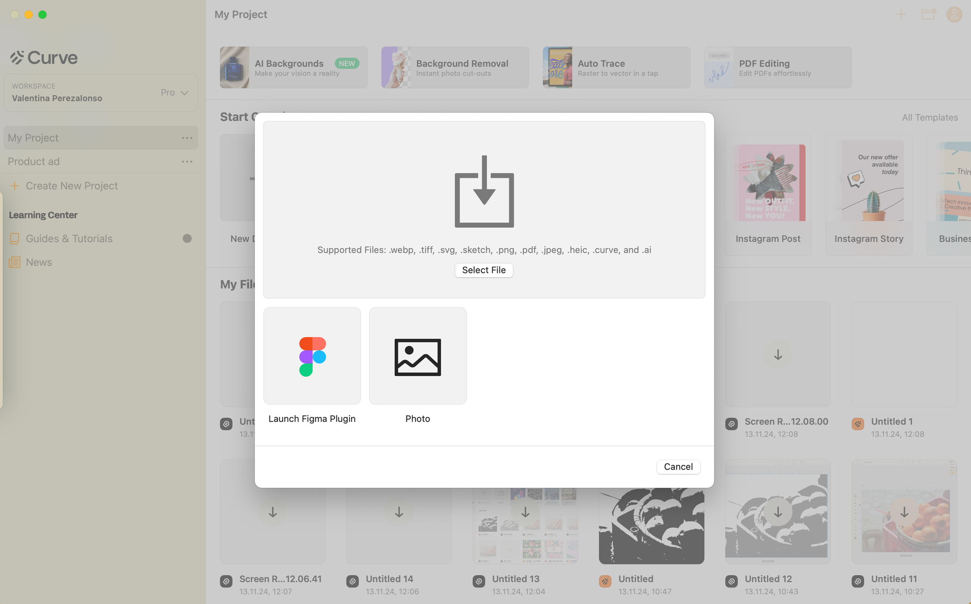 Screenshot of Linearity Curve interface showing file upload options, including supported formats and shortcuts to launch Figma or upload photos.