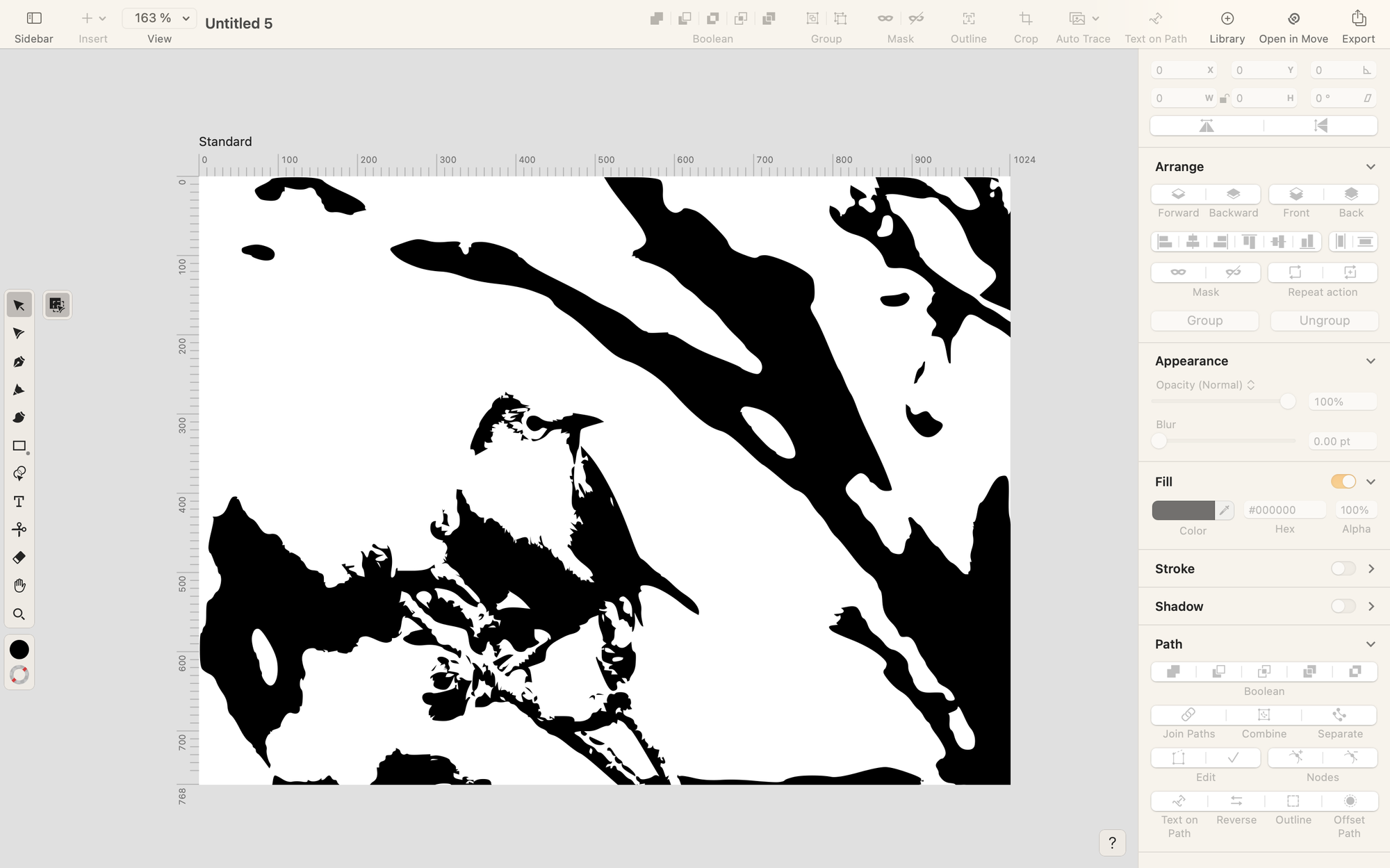 Screenshot of Linearity Curve workspace showing a black-and-white vectorized silhouette of a bird on a branch using the sketch mode.