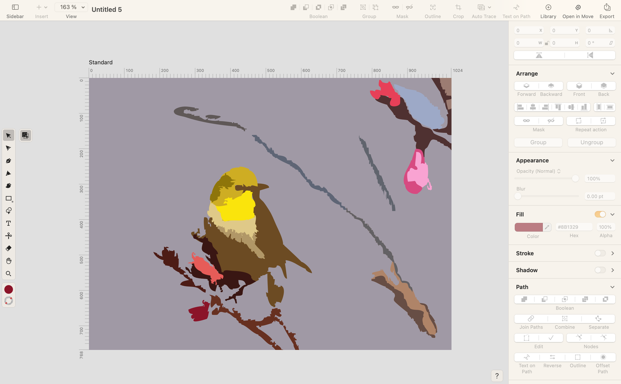 Screenshot of Linearity Curve workspace showing a colorful vectorized bird on a branch using the basic shapes Auto Trace mode.