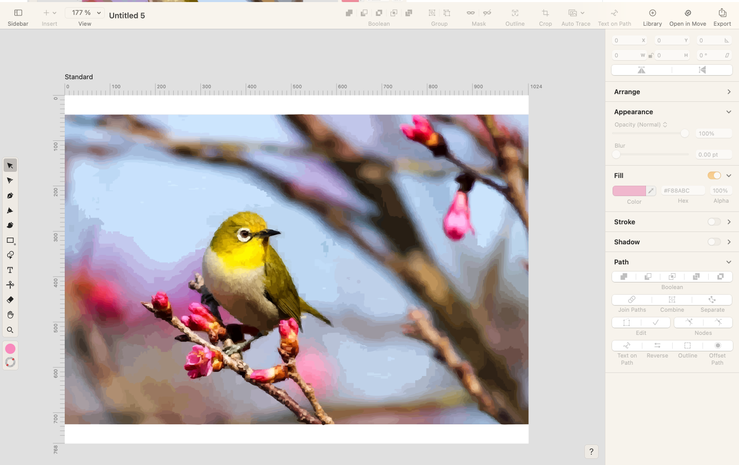 Screenshot of Linearity Curve workspace showing a detailed vectorized image of a yellow bird on a branch with pink blossoms using photography mode.