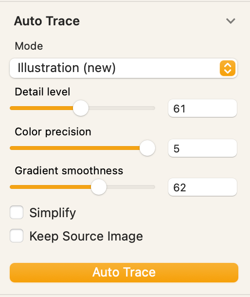 Close-up of the Auto Trace tool settings in Linearity Curve, showing mode set to Illustration (new) with detail level at 61% and gradient smoothness at 62%.