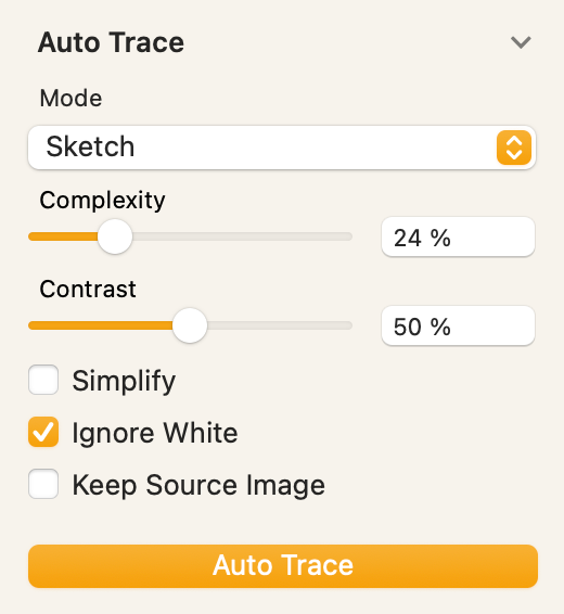 Close-up of the Auto Trace tool settings in Linearity Curve, showing mode set to Sketch with complexity at 24% and contrast at 50%.