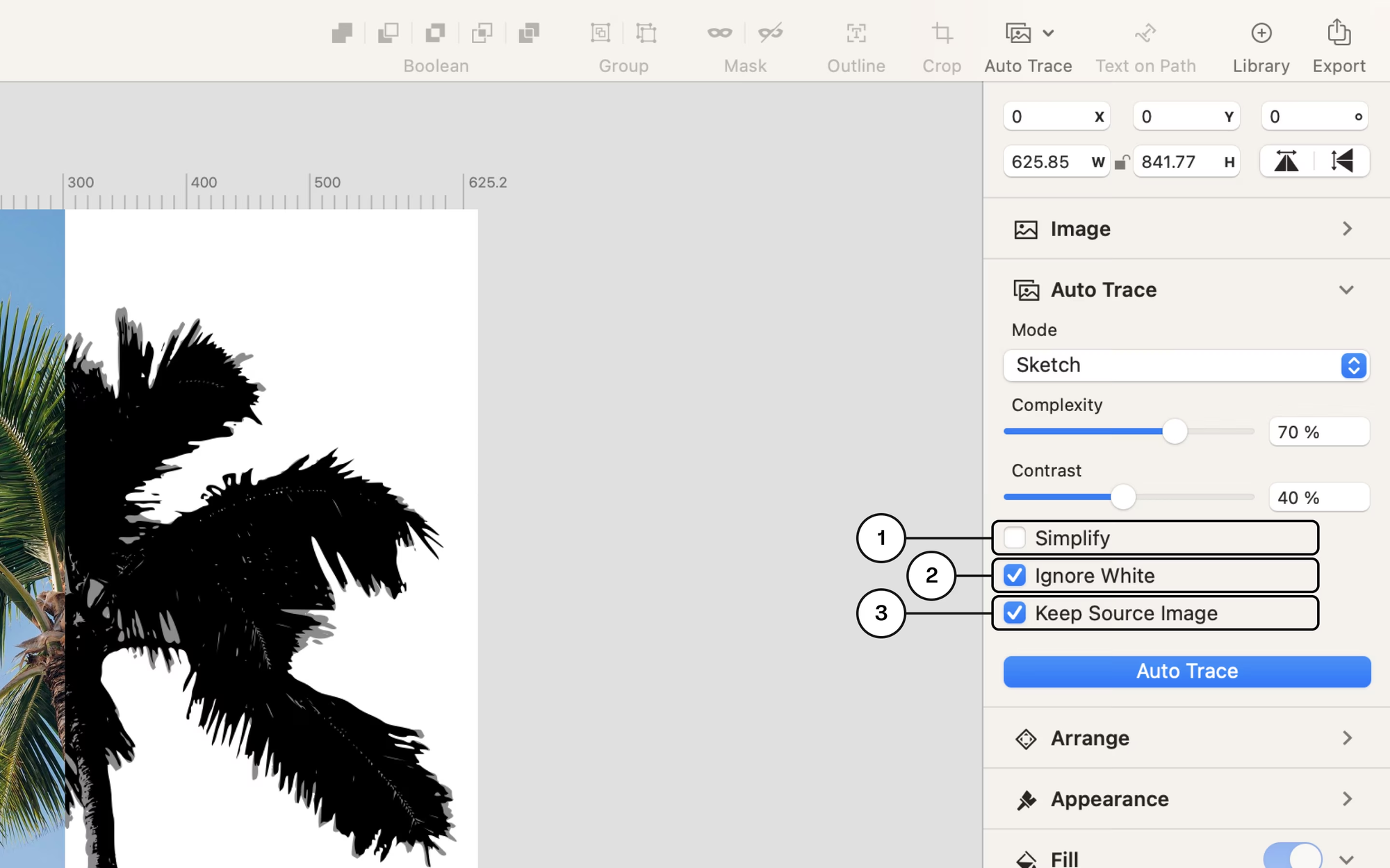 Screenshot of Linearity Curve's Auto Trace tool interface with a palm tree image being vectorized, showing settings like complexity and contrast.