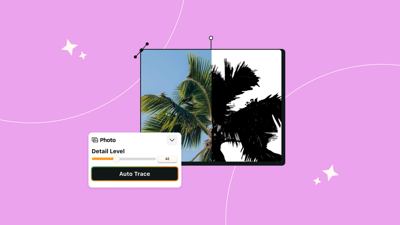 Palm tree photo split into a vectorized silhouette and original image on a pink background with an auto-trace settings panel.