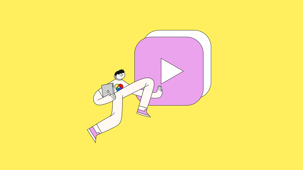 Illustration of a person with a tablet and pink play button on a yellow background, representing animation tips