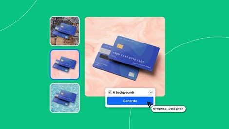 Credit cards on various backgrounds generated by the AI Backgrounds feature in Linearity Curve