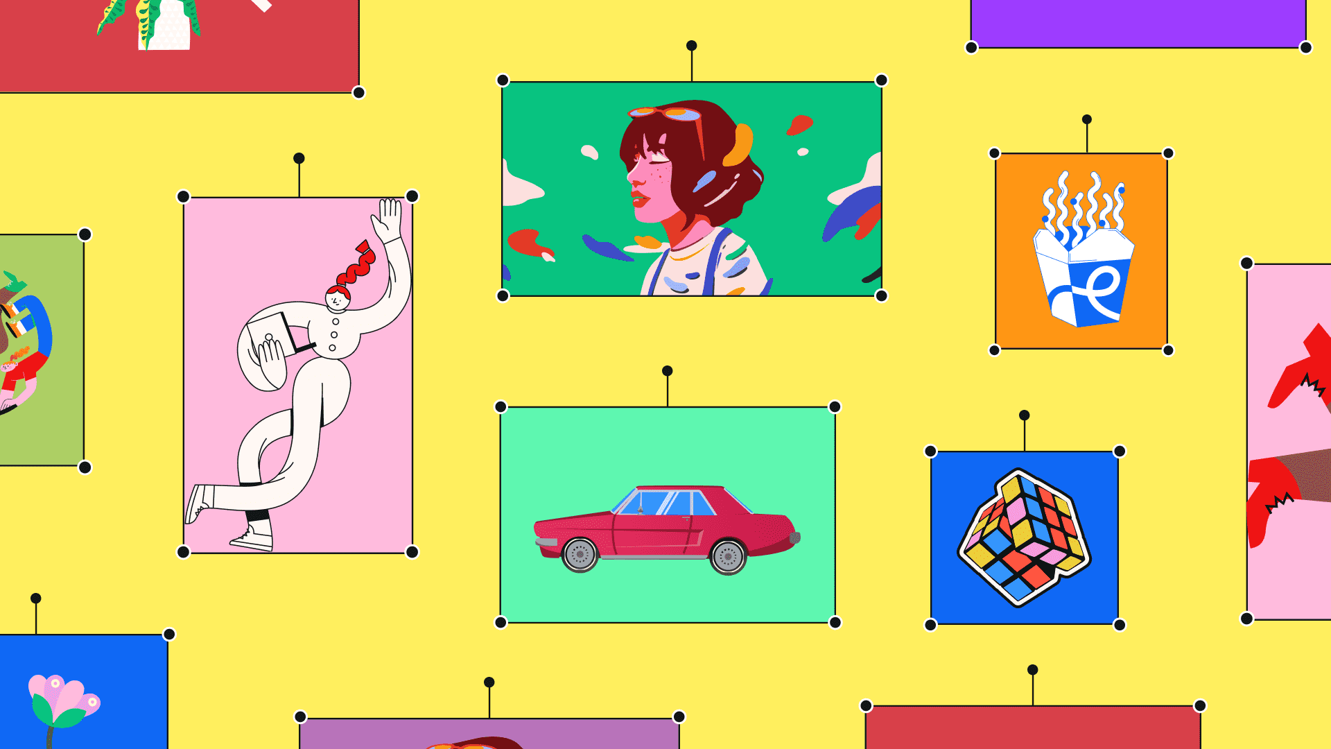 Various illustrated frames with colorful images including a woman, car, and abstract art on a yellow background.