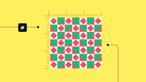 Colorful geometric Christmas wrapping paper design inspiration with green and red shapes on a yellow background.