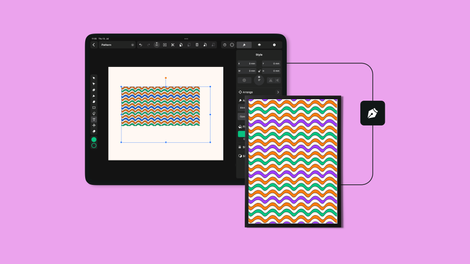 esign software showing a colorful repeating wave pattern on a tablet screen, with style options panel. Pink background.