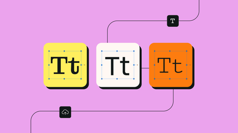 Three typography blocks in yellow, white, and orange showing 'Tt' on a pink background with design tool icons.