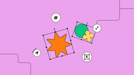 Illustration of an orange star, green circle, and yellow flower in editable frames on a pink background.